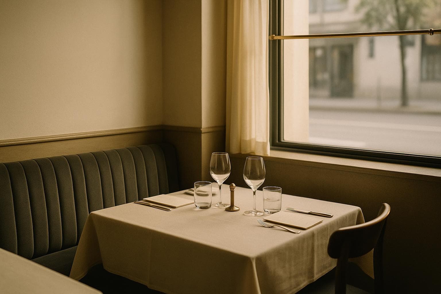 A corner banquette table laid for two beside a tall street window, glasses and cutlery set on linen in daylight.