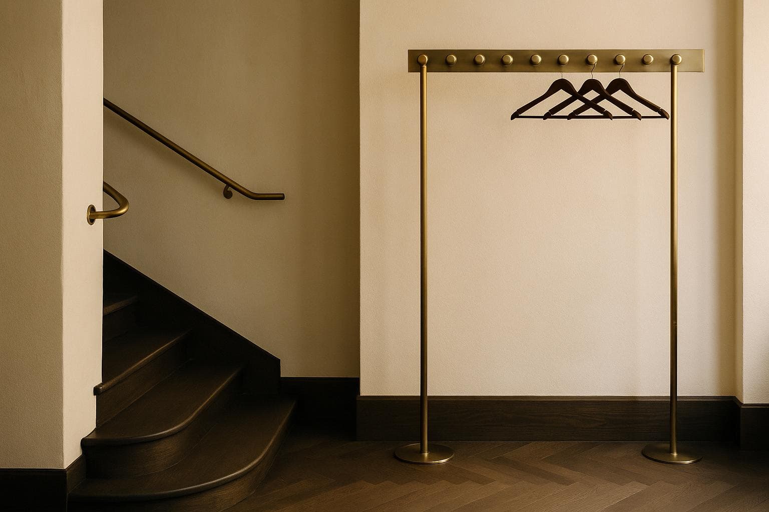 A brass cloakroom rail hung with empty wooden hangers, beside the curve of a dark staircase in a panelled entrance hall.