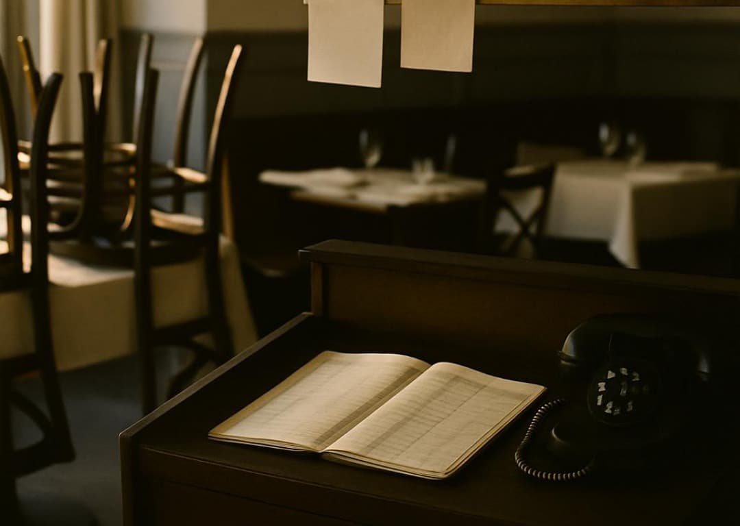 A host stand with an open reservation book and telephone, dining room set behind it before service.