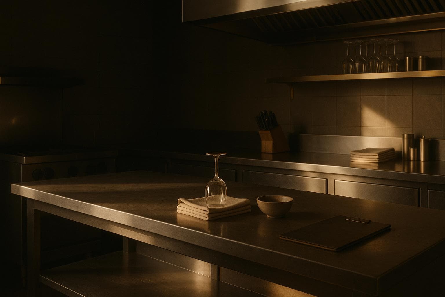 A stainless back-of-house pass at rest before service: folded cloths, an inverted wine glass, a closed folio, and racked glassware on the shelf behind.