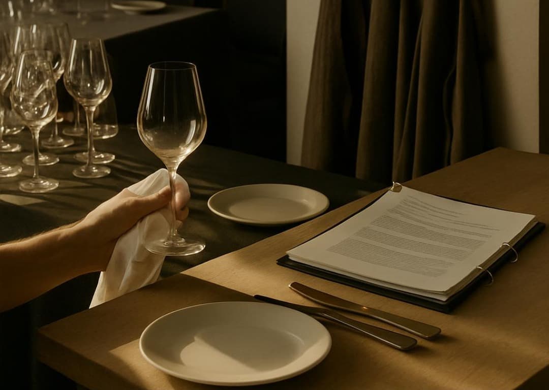 A server polishing a wine glass beside a place setting and an open binder of paperwork, in a warmly lit dining room before service.