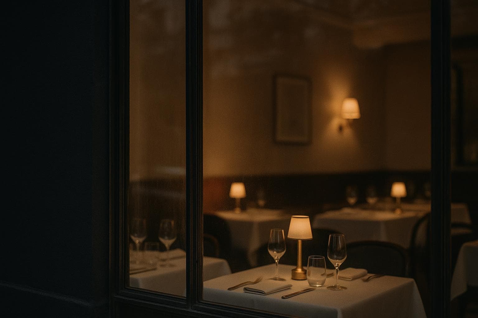 A restaurant dining room seen through its front window at dusk, small table lamps lit above white linen.