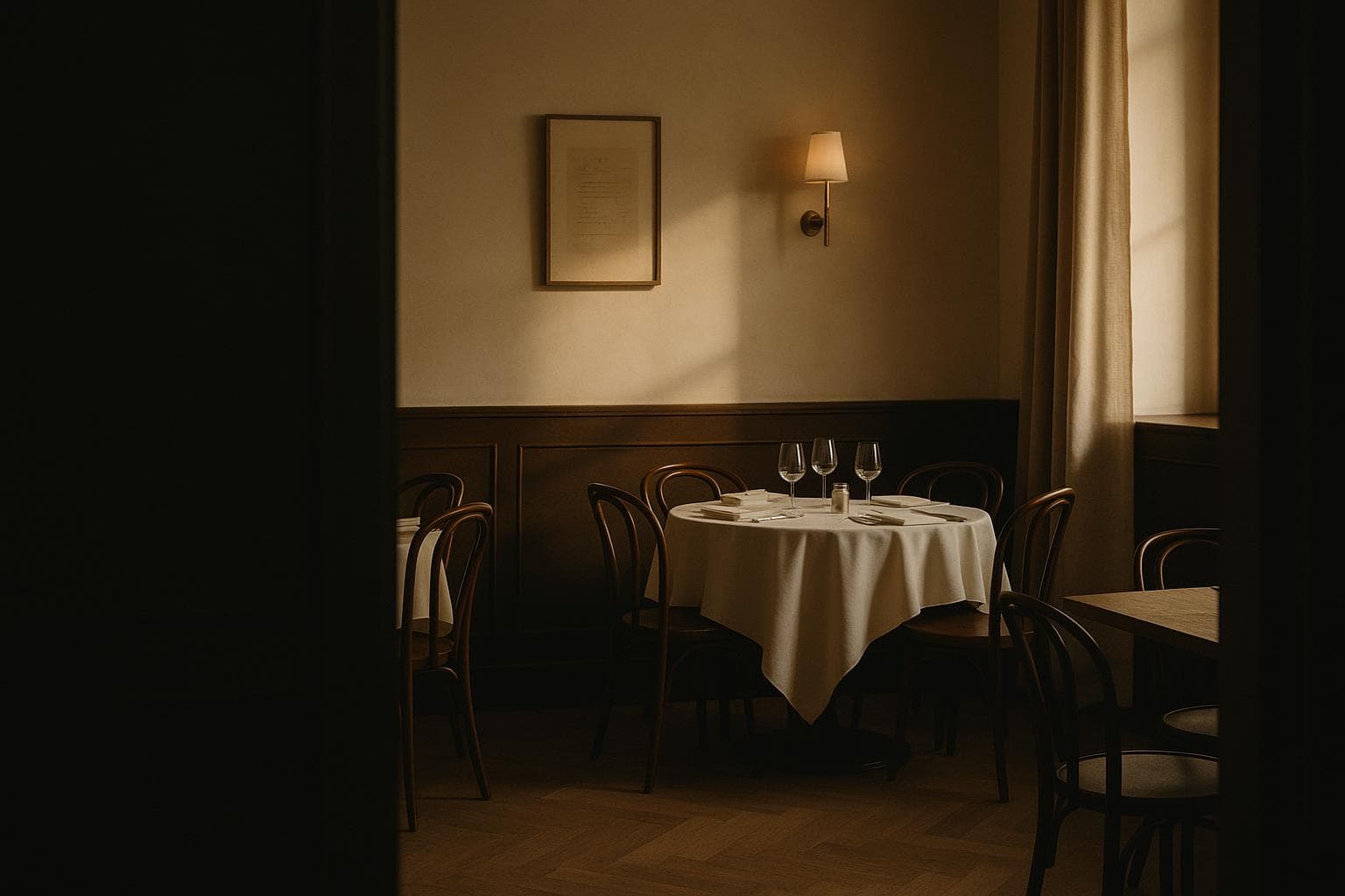 A dining room seen past a dark doorframe — one round table dressed in linen under a wall light, daylight falling through the curtain beyond.